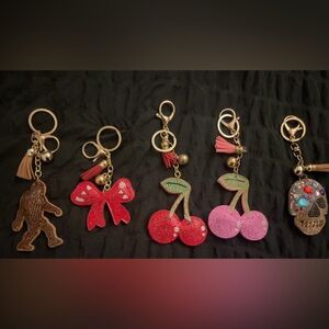 Unbranded Red & Pink Crystal Cherry and Bow Keychain Set